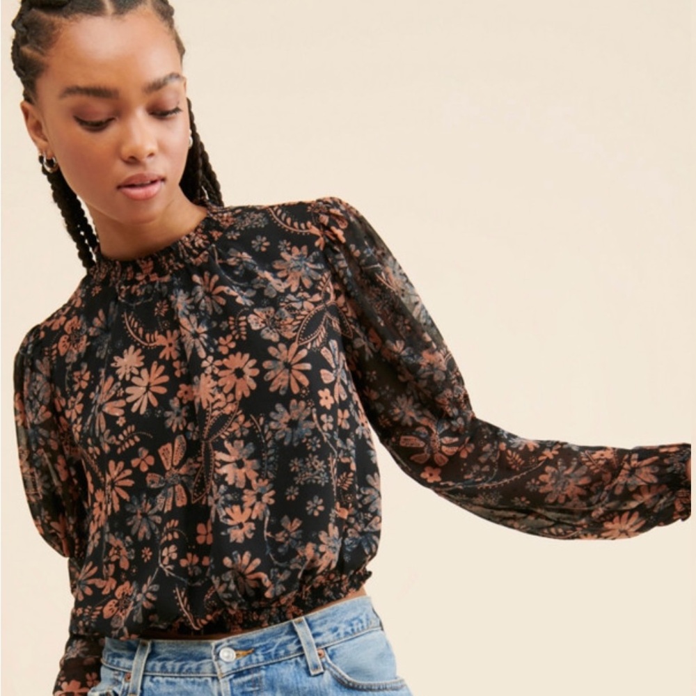 Free People Black and Brown Floral Bohemian Blouse